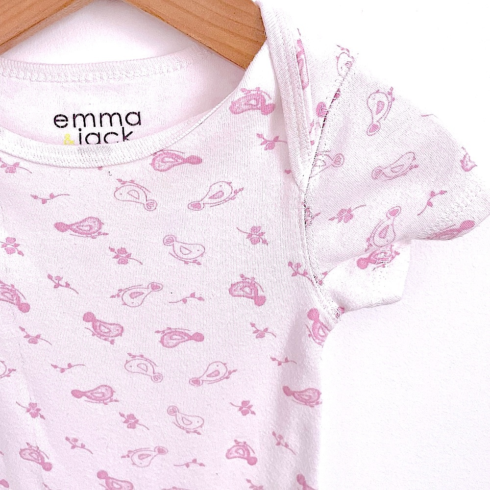 10/$30💥Emma & Jack Birdies Print Baby Girl Bodysuit, White & Pink, Short Sleeve